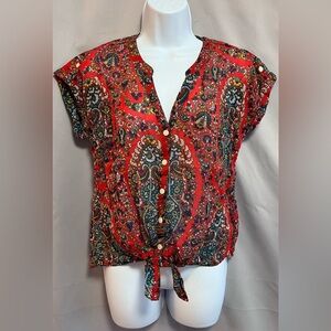 Lucky brand women's shirt top red pattern‎ knit size S short sleeve tie bottom